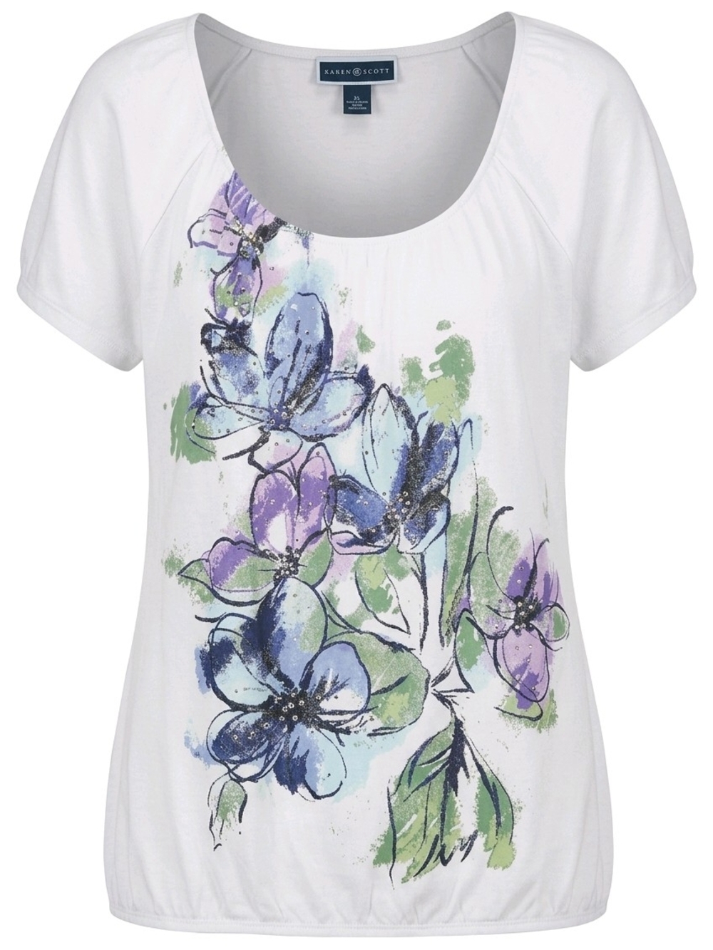Karen Scott White Scoop-Neck Floral Tee with Blue and Purple Blooms